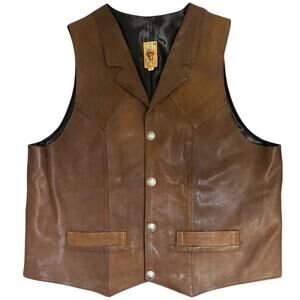 Tribe America Leather Vest Mens Size 46 Brown Buffalo Nickel Snaps Lined USA